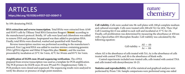 Cited from"An RNA-cleaving threose nucleic acid enzyme capable of single point mutation discrimination. Nat Chem. 2022 Mar;14(3):350-359. doi: 10.1038/s41557-021-00847-3."